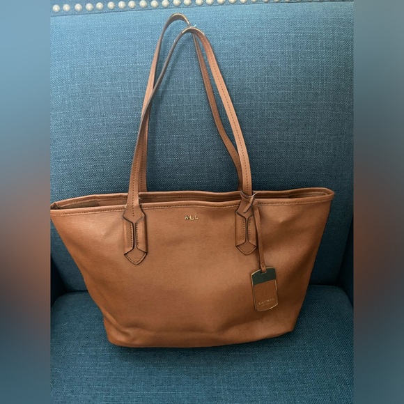 Lauren Ralph Lauren Gorgeous Camel Brown Canvas Leather Medium Shoulder Tote Bag - Picture 2 of 16